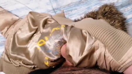 Wanking with my River Island Fur Hooded Bomber Puffer