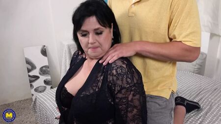 Busty natural mature BBW sucks and fucks young guy