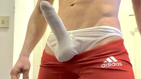 Red Adidas shorts and silky boner thong
