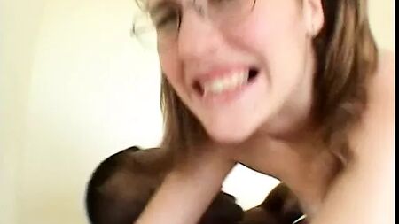 Brunette school girl gets black cum on glasses