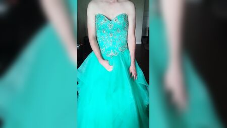 Cumming in a girl's teal blue corset back prom dress