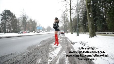 Hooker in red overknee boots & moncler downjacket