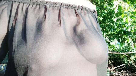 walk with see-through blouse without bra